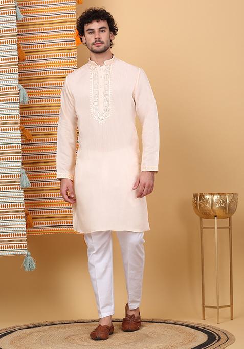 Peach Yoke Design Cotton Silk Kurta For Men