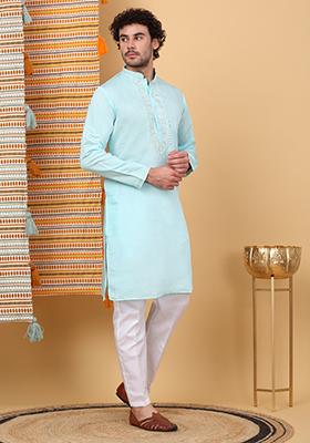 Sky Blue Yoke Design Cotton Silk Kurta For Men