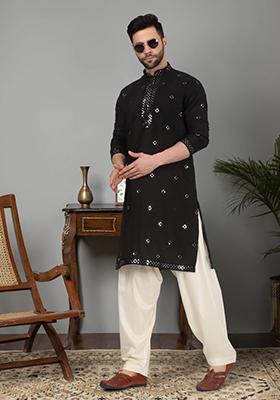 Black Yoke Design Cotton Silk Kurta For Men
