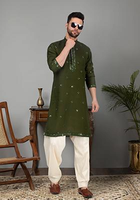 Mehendi Green Yoke Design Cotton Silk Kurta For Men