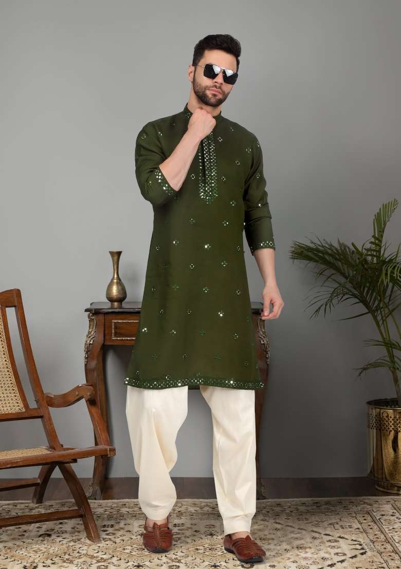Mehendi Green Yoke Design Cotton Silk Blend Kurta For Men - Indya