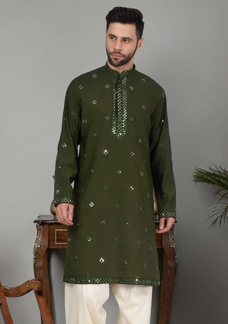 Mehendi Green Yoke Design Cotton Silk Blend Kurta For Men - Indya