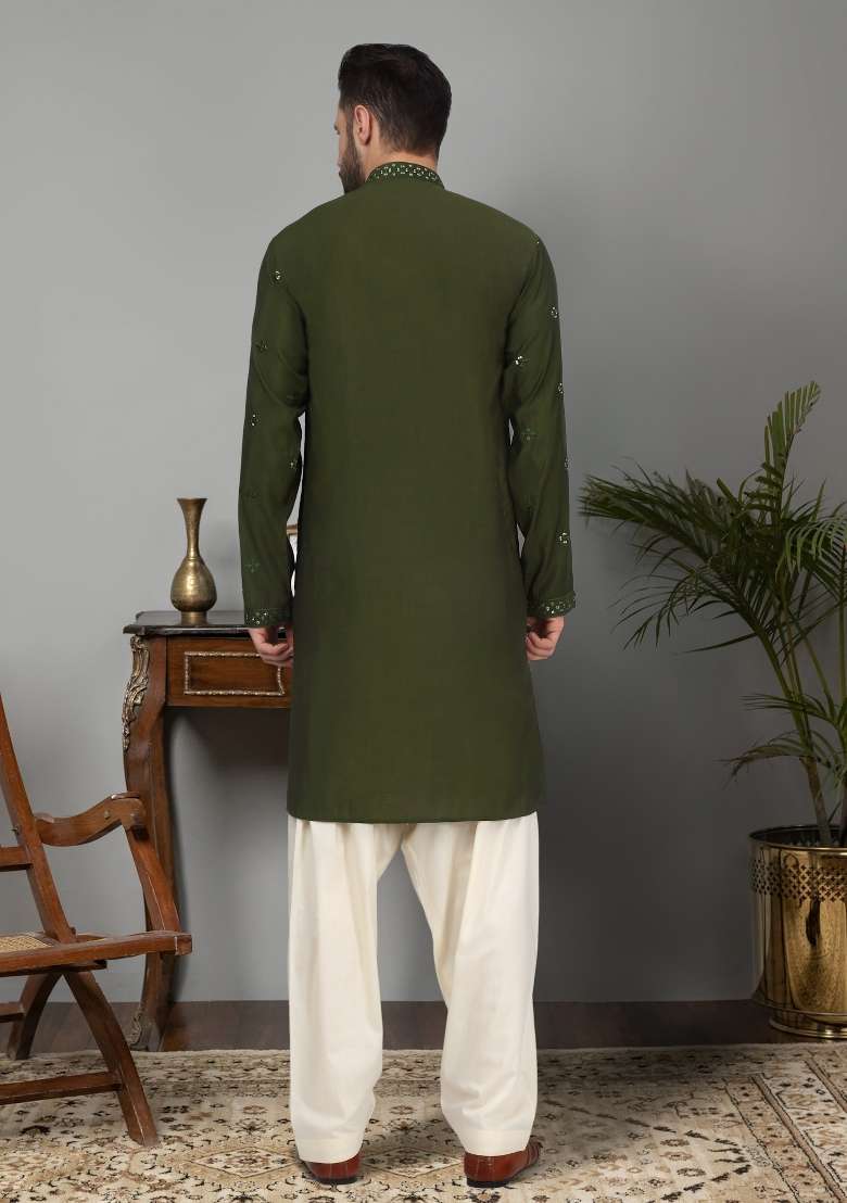 Mehendi Green Yoke Design Cotton Silk Blend Kurta For Men - Indya