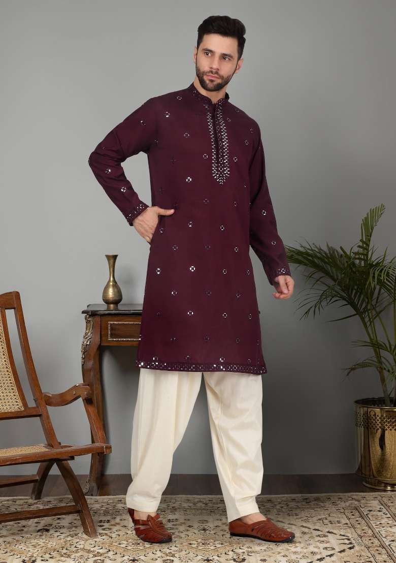 Purple Yoke Design Cotton Silk Blend Kurta For Men - Indya