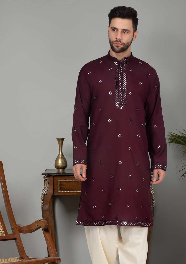 Purple Yoke Design Cotton Silk Blend Kurta For Men - Indya