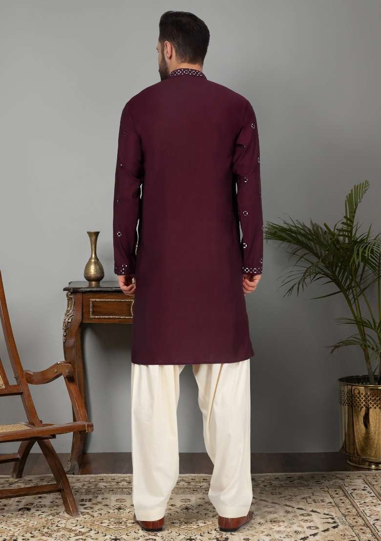 Purple Yoke Design Cotton Silk Blend Kurta For Men - Indya