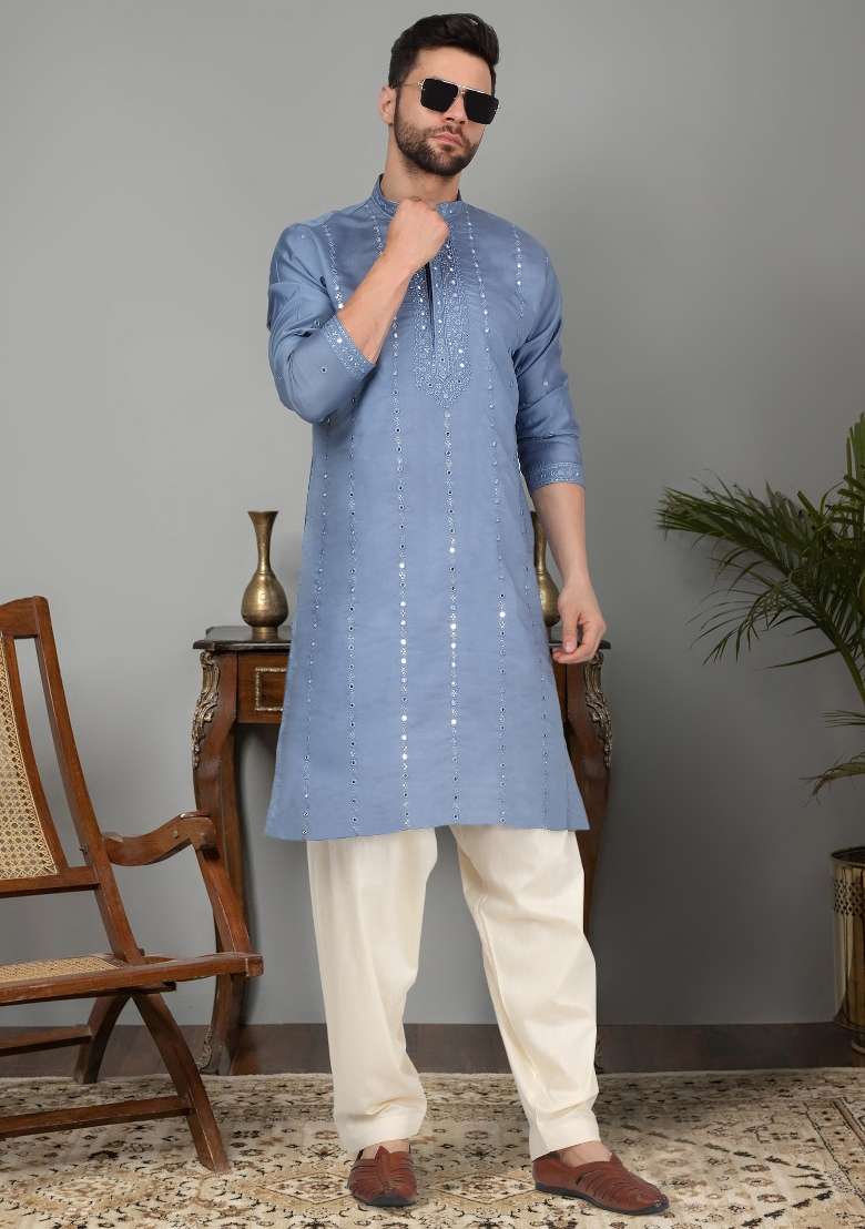 Blue Yoke Design Cotton Silk Blend Kurta For Men - Indya