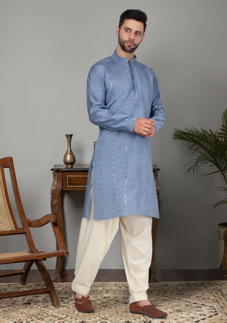 Blue Yoke Design Cotton Silk Blend Kurta For Men - Indya