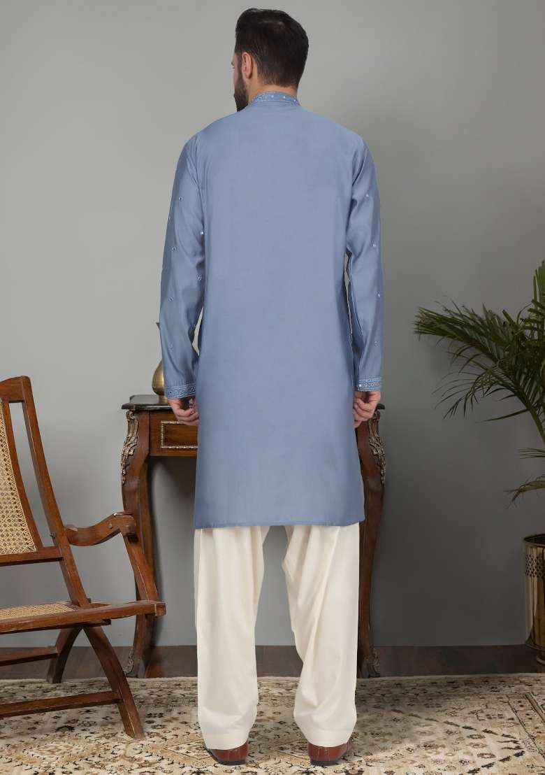 Blue Yoke Design Cotton Silk Blend Kurta For Men - Indya