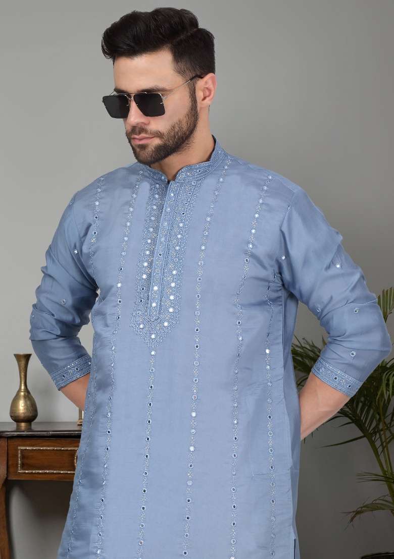 Blue Yoke Design Cotton Silk Blend Kurta For Men - Indya
