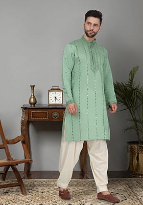 Sea Green Yoke Design Cotton Silk Kurta For Men