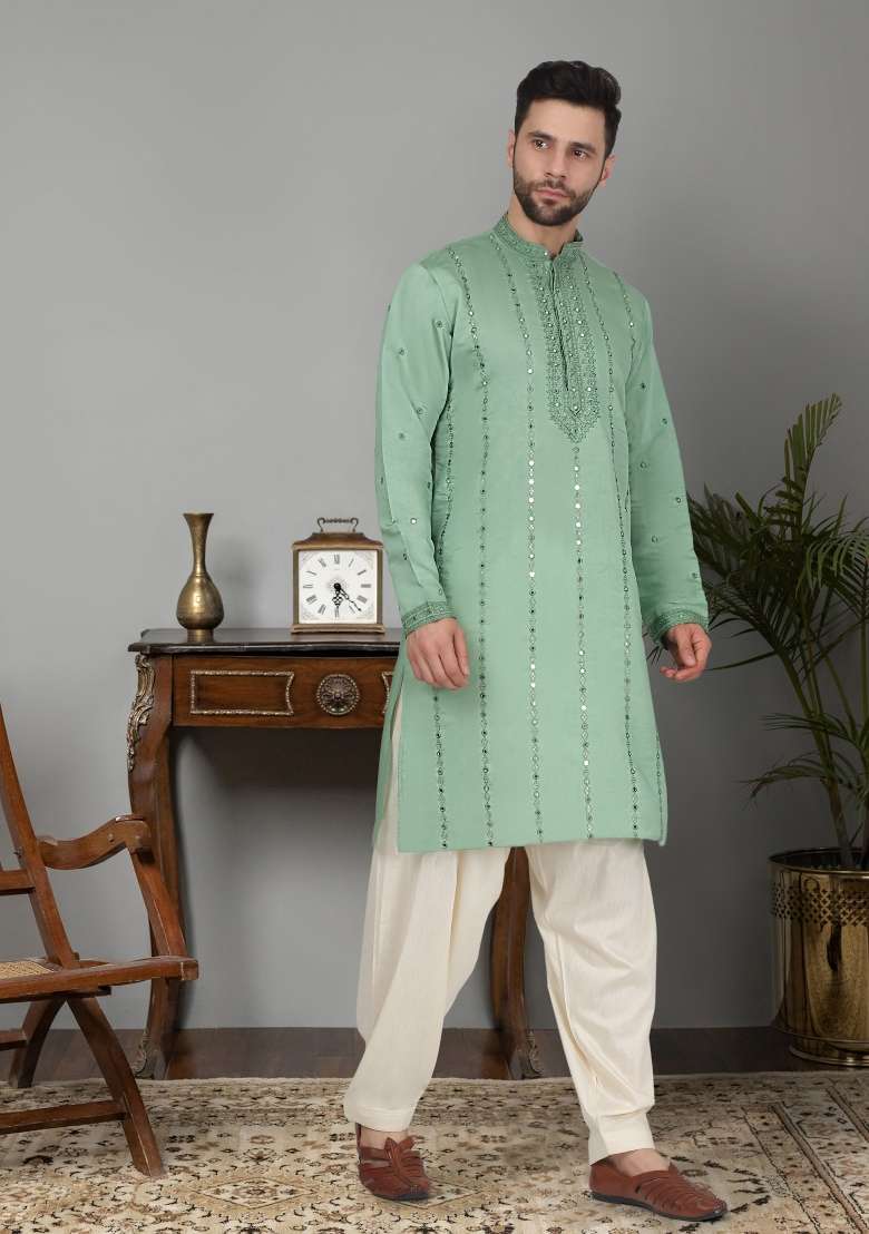 Sea Green Yoke Design Cotton Silk Blend Kurta For Men - Indya