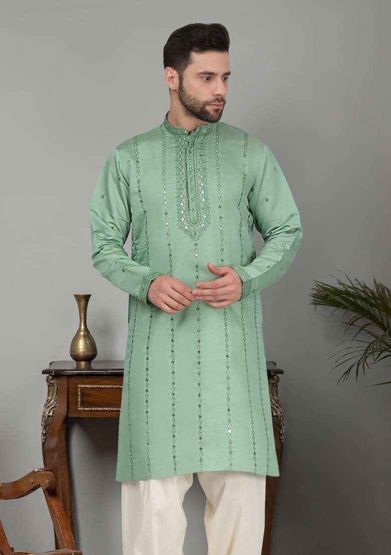 Sea Green Yoke Design Cotton Silk Blend Kurta For Men - Indya
