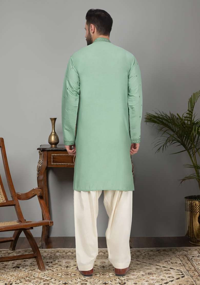 Sea Green Yoke Design Cotton Silk Blend Kurta For Men - Indya