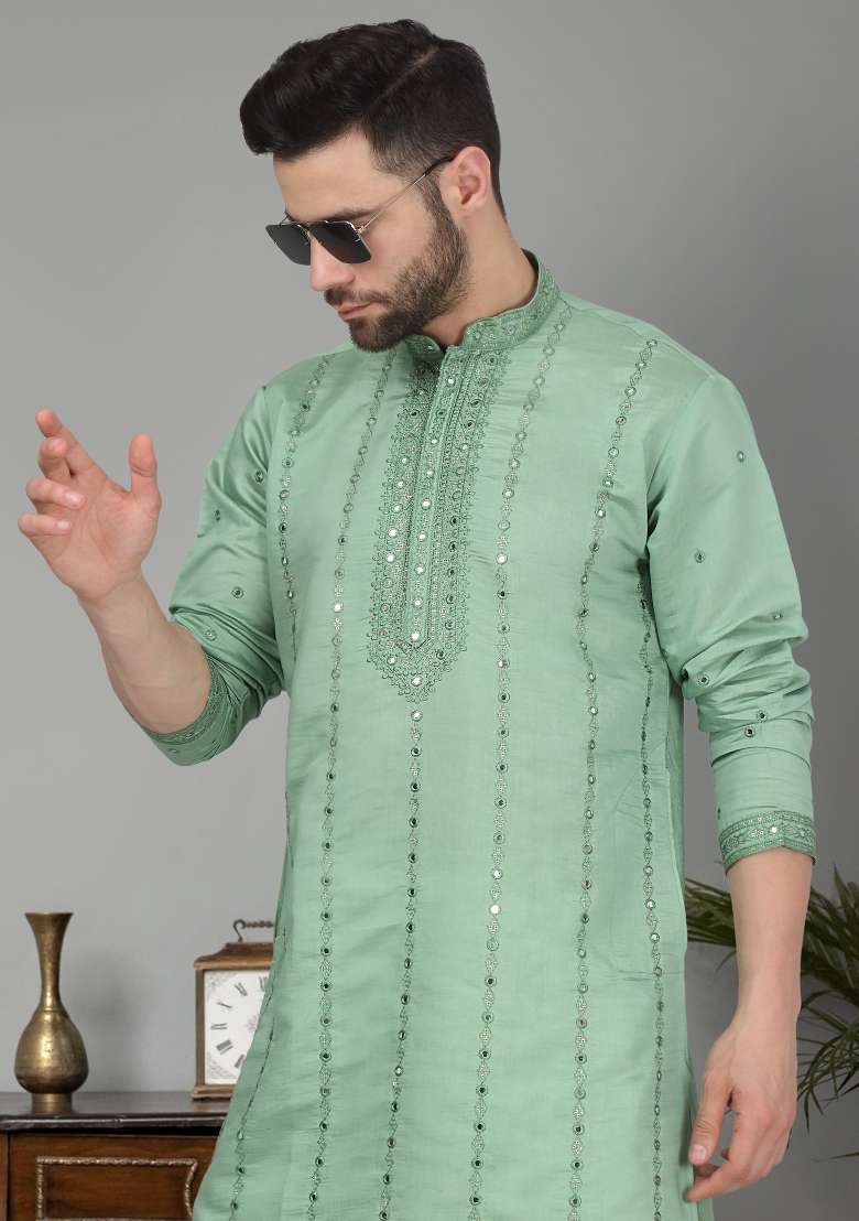 Sea Green Yoke Design Cotton Silk Blend Kurta For Men - Indya