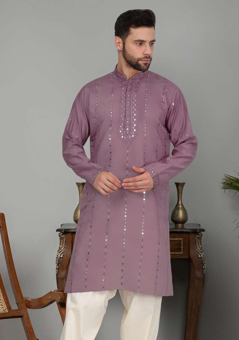 Purple Yoke Design Cotton Silk Blend Kurta For Men - Indya