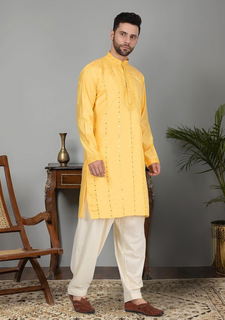 Yellow Yoke Design Cotton Silk Kurta For Men