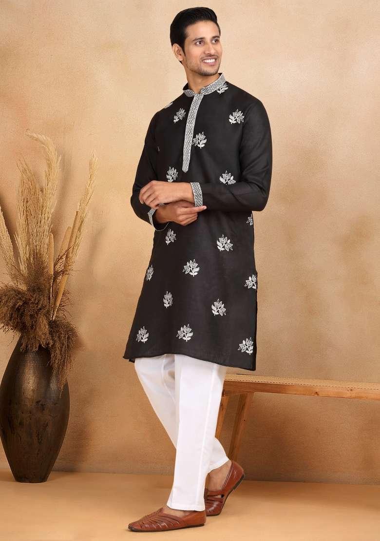 Black Floral Embroided Cotton Kurta For Men - Indya