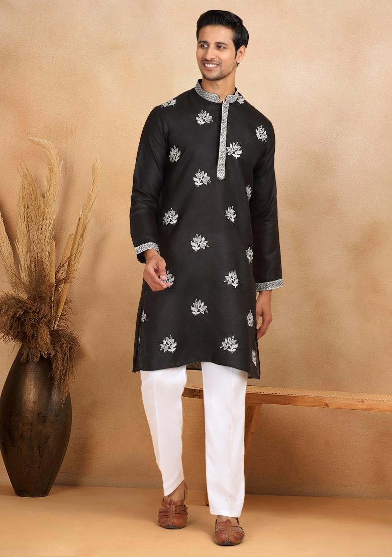 Black Floral Embroided Cotton Kurta For Men - Indya