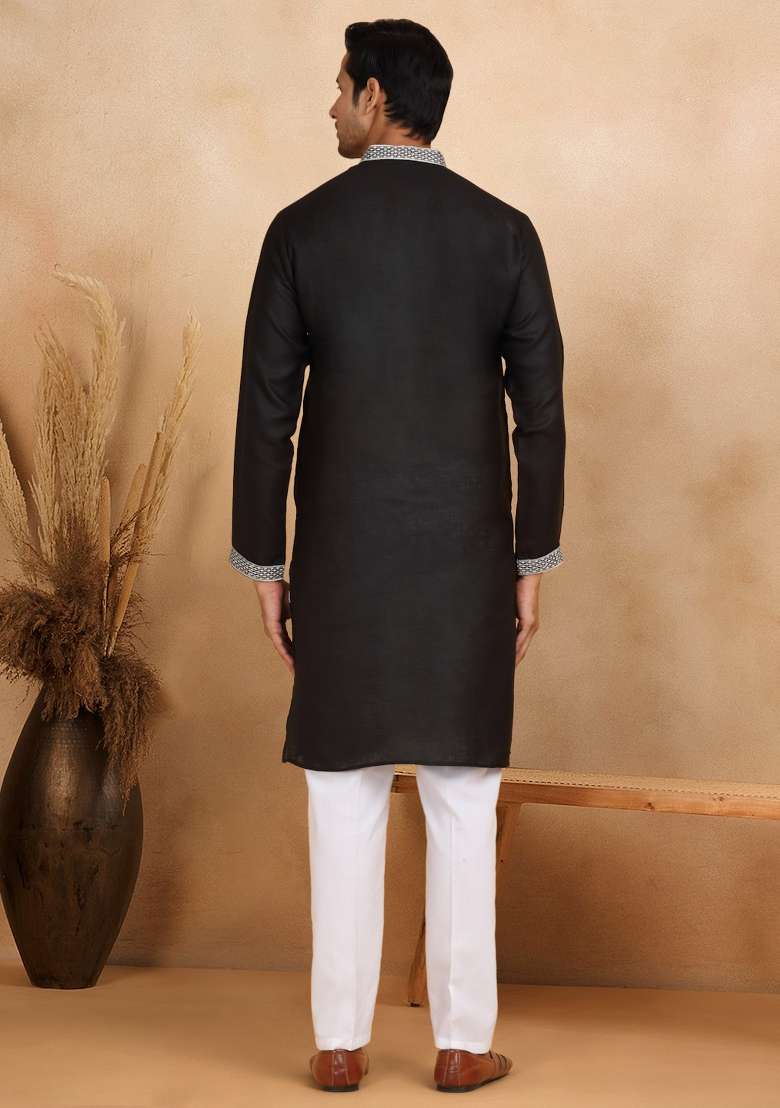 Black Floral Embroided Cotton Kurta For Men - Indya