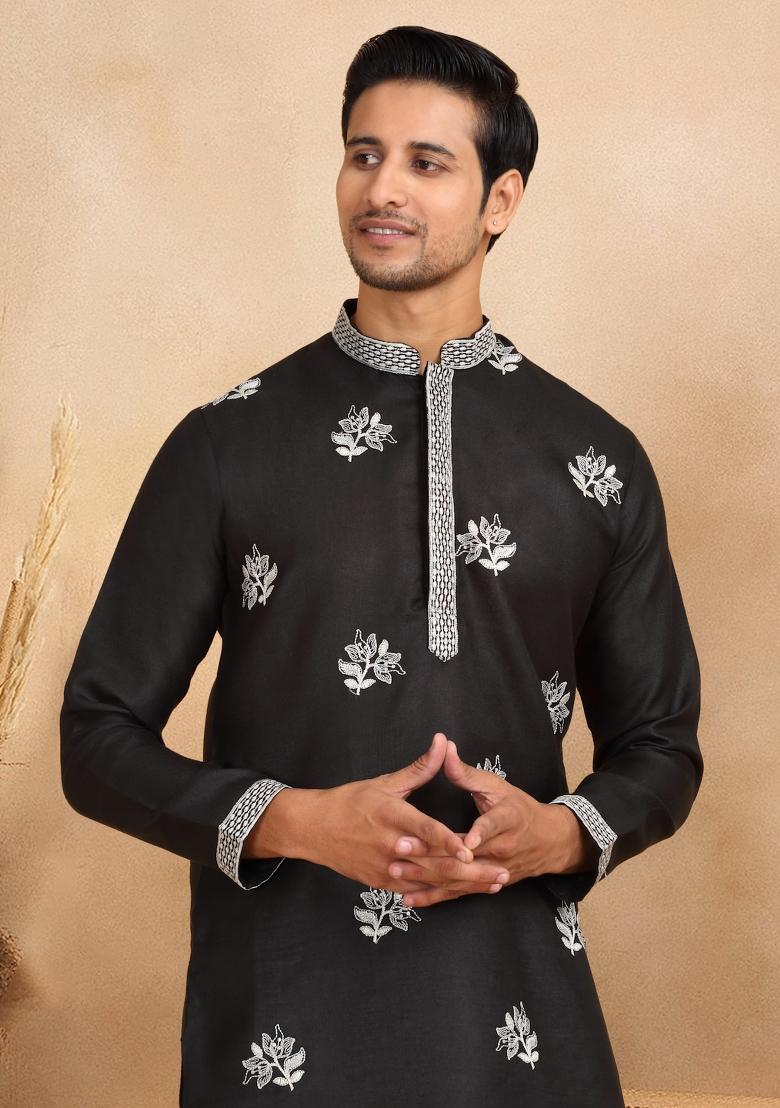 Black Floral Embroided Cotton Kurta For Men - Indya