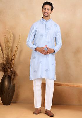 Blue Floral Embroided Cotton Kurta For Men
