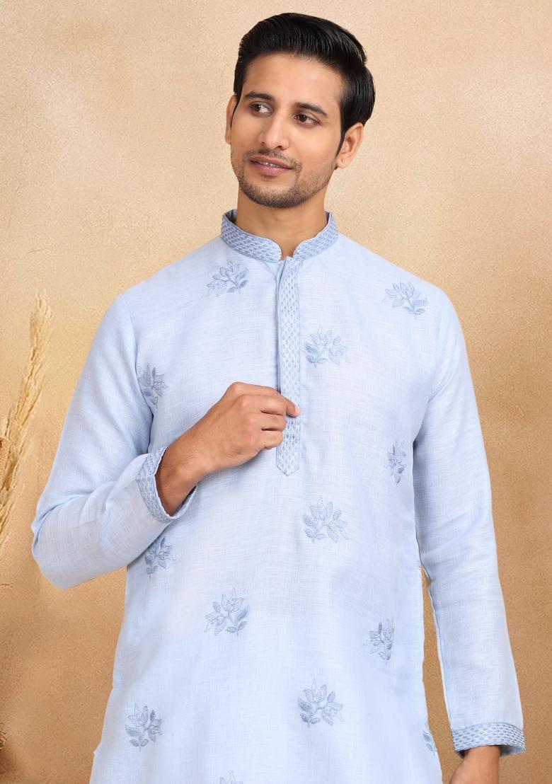 Blue Floral Embroided Cotton Kurta For Men - Indya