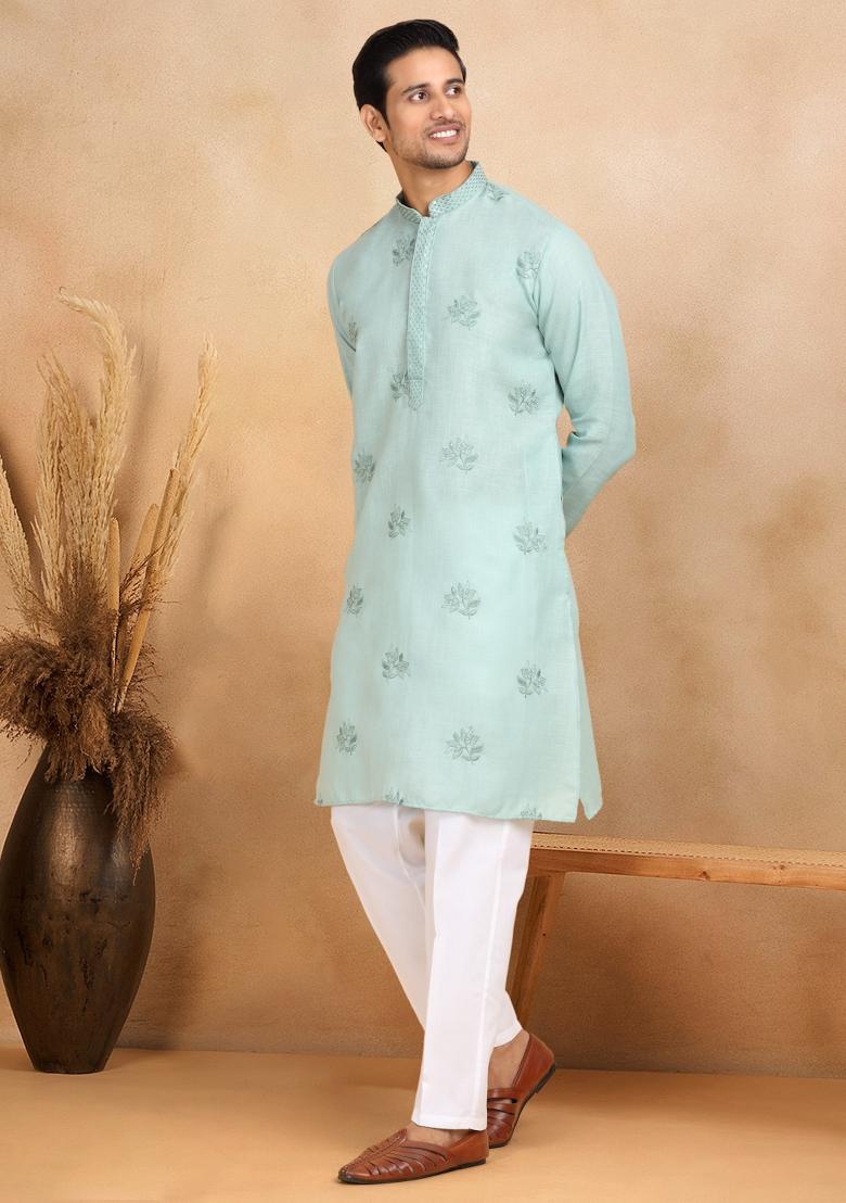 Green Floral Embroided Cotton Kurta For Men