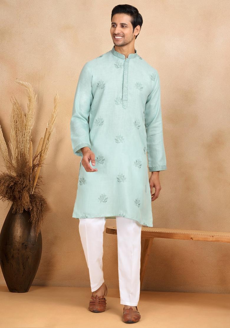 Green Floral Embroided Cotton Kurta For Men