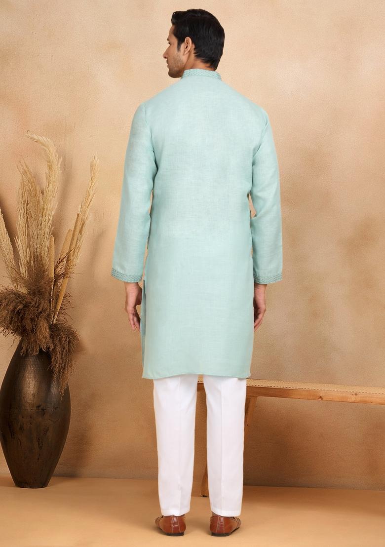 Green Floral Embroided Cotton Kurta For Men