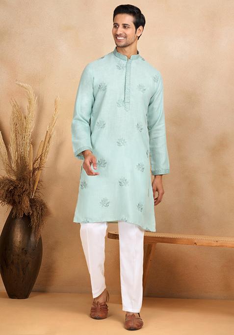 Green Floral Embroided Cotton Kurta For Men
