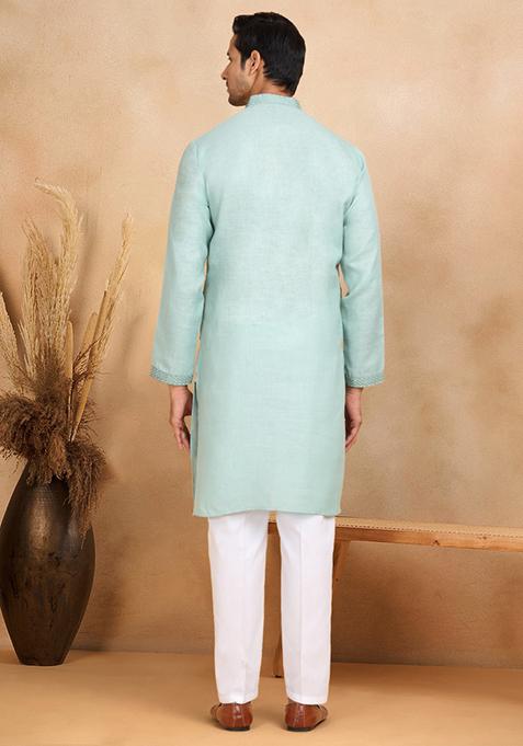Green Floral Embroided Cotton Kurta For Men