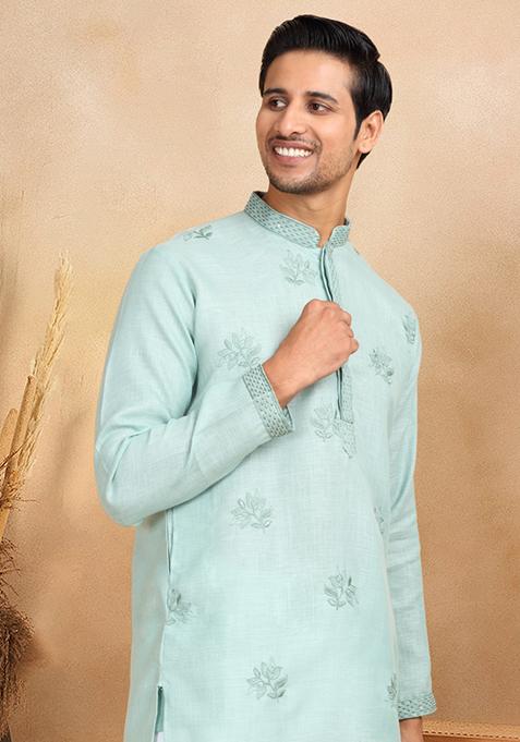 Green Floral Embroided Cotton Kurta For Men