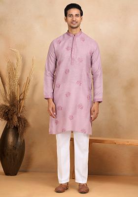 Mauve Floral Embroided Cotton Kurta For Men