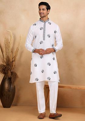 White Floral Embroided Cotton Kurta For Men