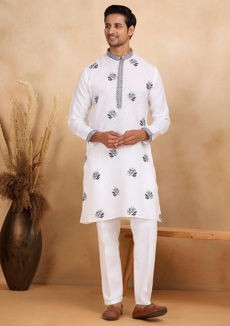 White Floral Embroided Cotton Kurta For Men