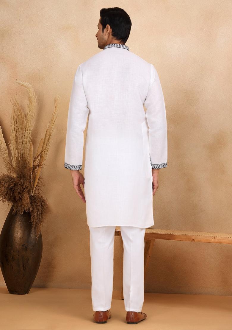 White Floral Embroided Cotton Kurta For Men