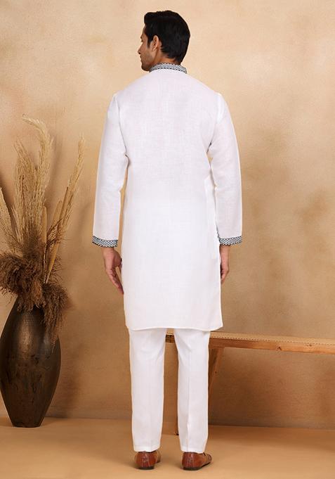 White Floral Embroided Cotton Kurta For Men