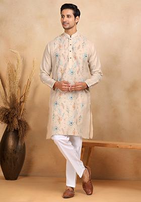Beige Floral Embroided Cotton Kurta For Men