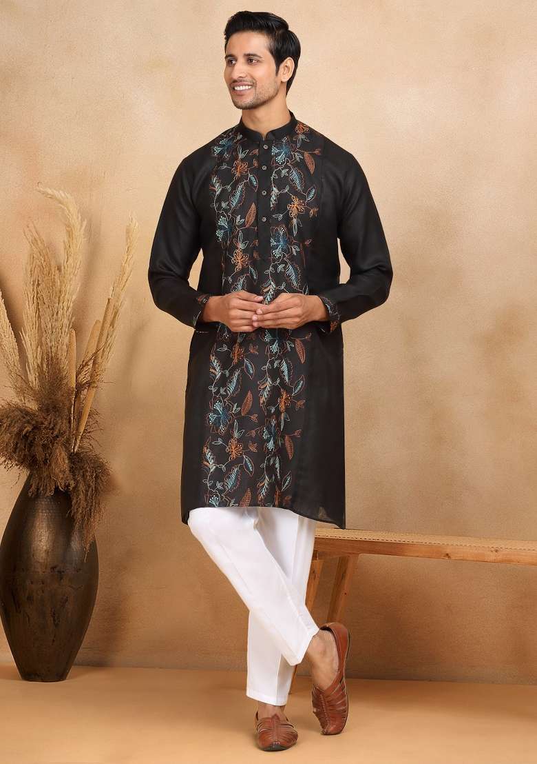 Black Floral Embroided Cotton Kurta For Men - Indya