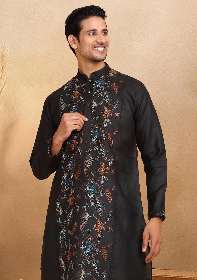 Black Floral Embroided Cotton Kurta For Men - Indya