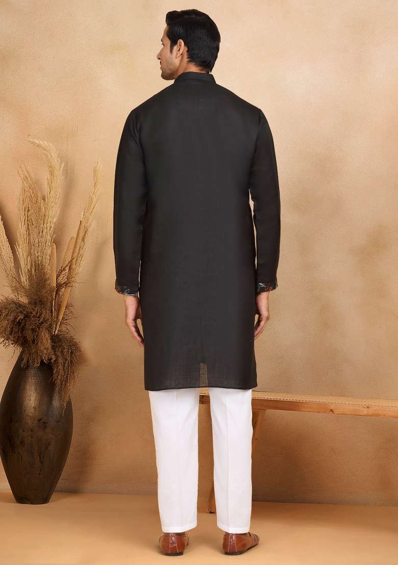 Black Floral Embroided Cotton Kurta For Men - Indya