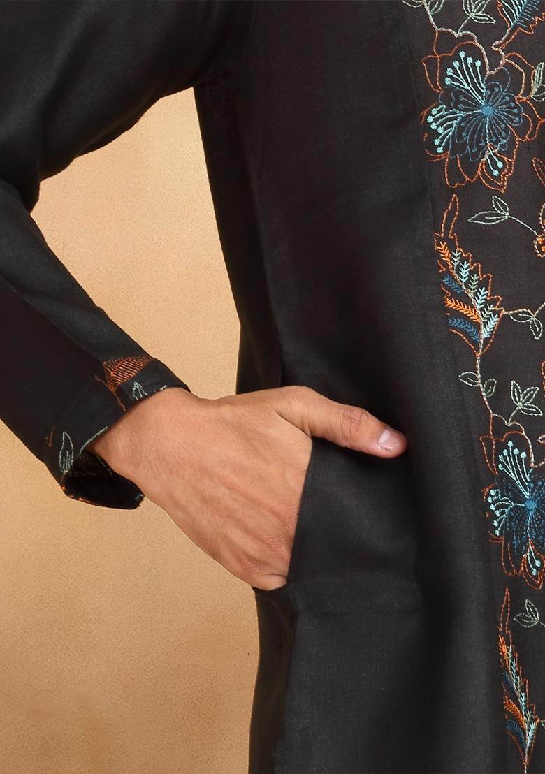 Black Floral Embroided Cotton Kurta For Men - Indya