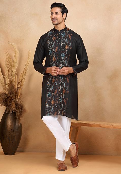 Black Floral Embroided Cotton Kurta For Men