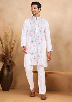 White Floral Embroided Cotton Kurta For Men