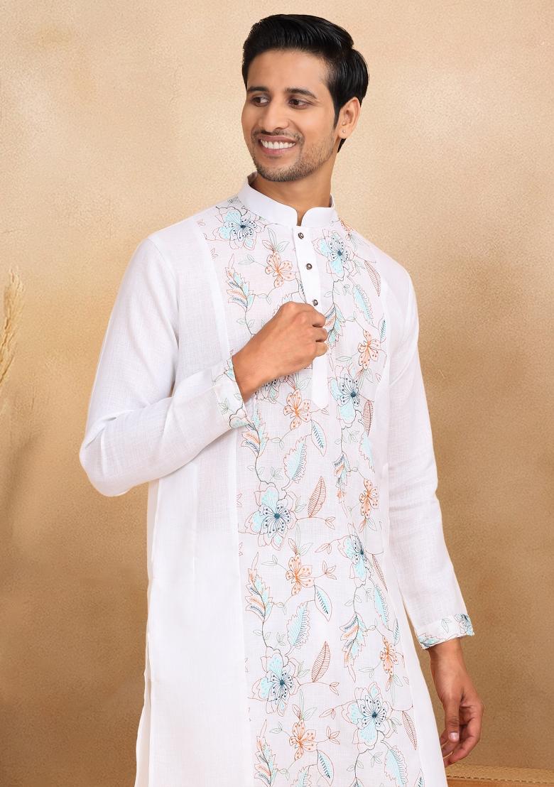 White Floral Embroided Cotton Kurta For Men