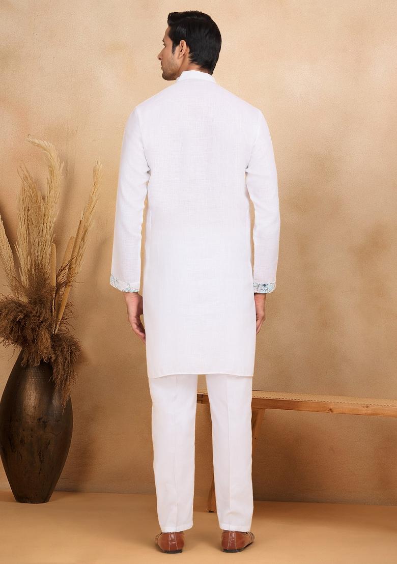 White Floral Embroided Cotton Kurta For Men
