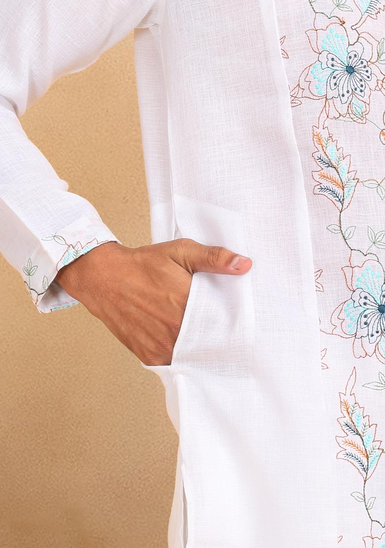 White Floral Embroided Cotton Kurta For Men