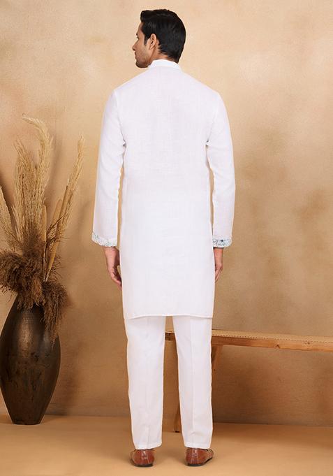 White Floral Embroided Cotton Kurta For Men