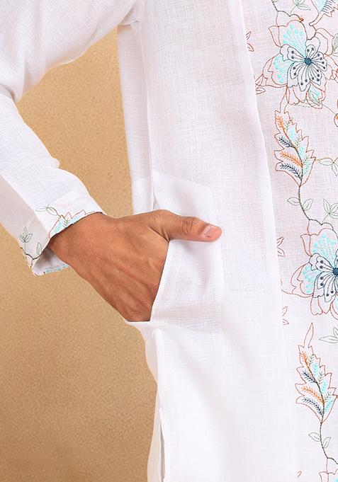 White Floral Embroided Cotton Kurta For Men